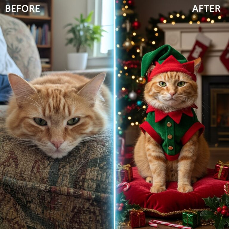 cat dressed as holiday elf, pet costume image transformation, pet AI holiday image