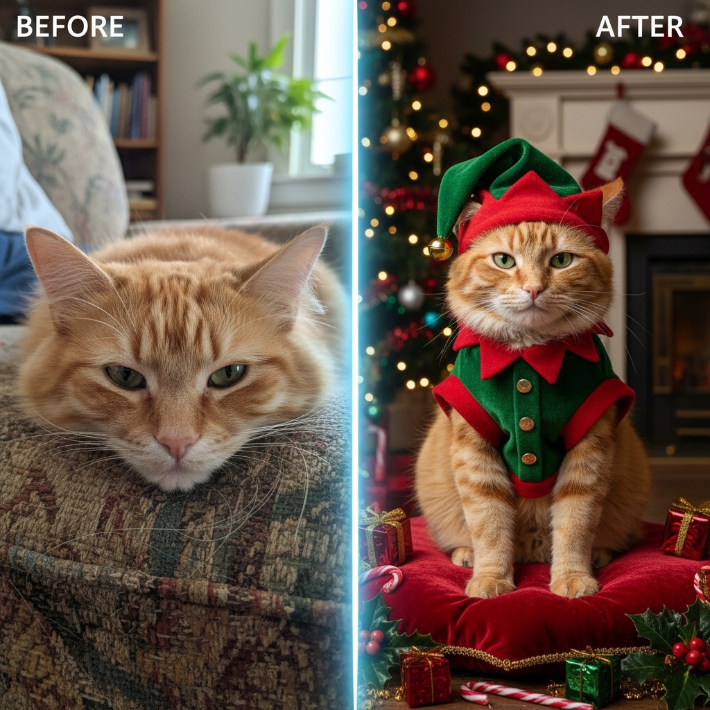 cat dressed as holiday elf, pet costume image transformation, pet AI holiday image