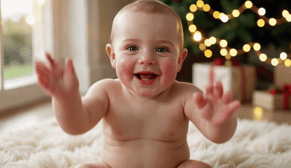 Cinematic AI baby waving and saying Merry Christmas to grandma