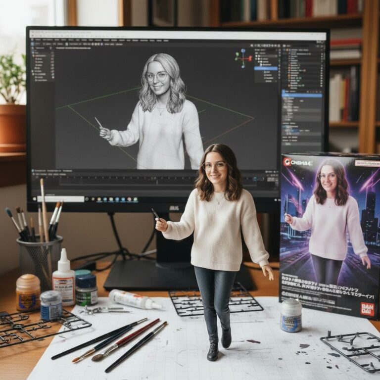 An AI action figure generator workflow showing a custom woman figure standing next to her packaging and digital 3D model.