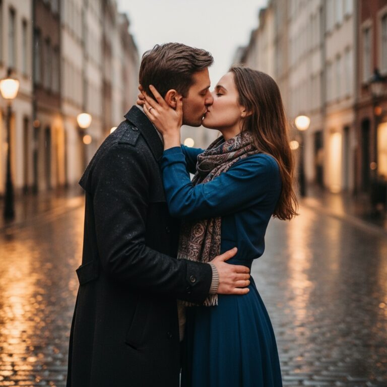 A man and a woman kiss on a rainy street at dusk, with buildings and glowing streetlights blurred in the background.