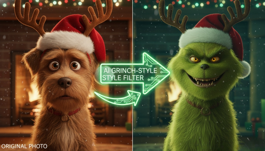 A split-screen comparison showing a brown dog with reindeer antlers being transformed into a green Grinch-style character using an AI Grinch filter.