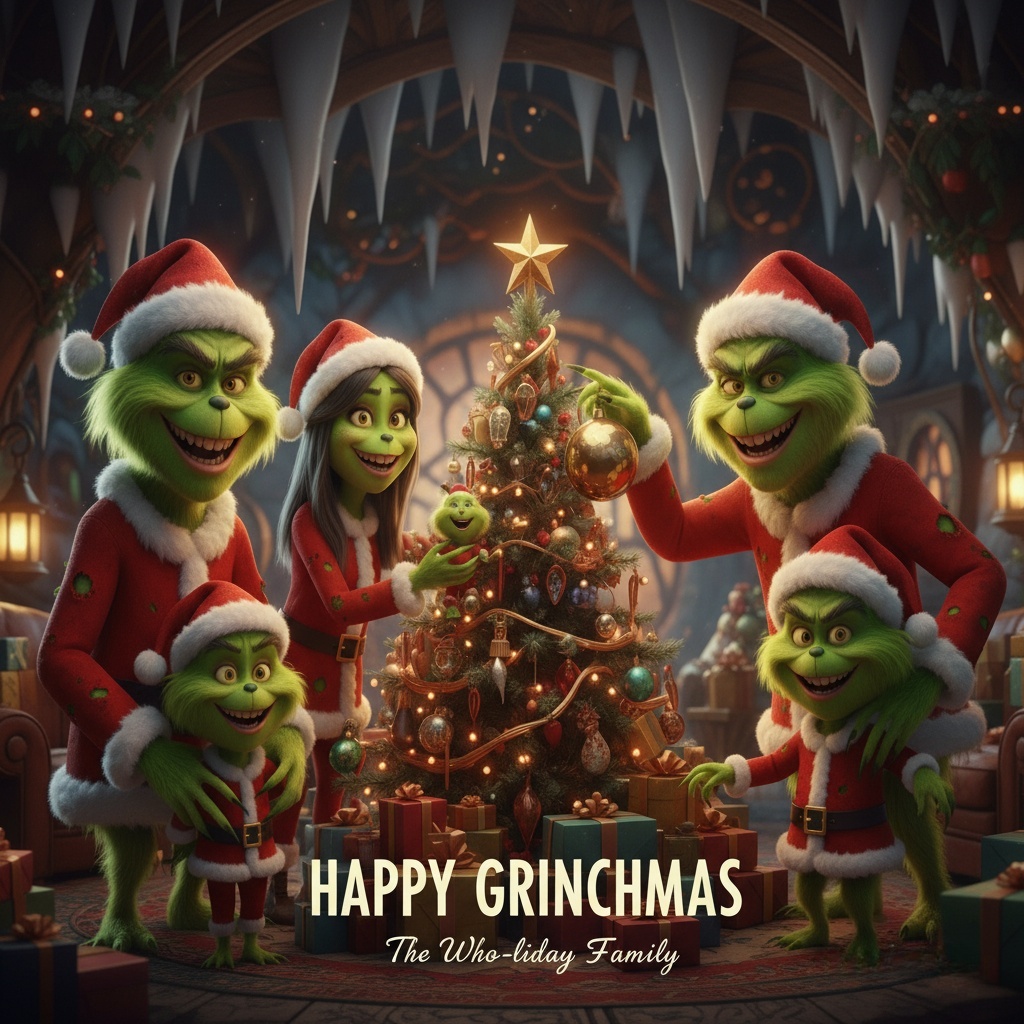 An AI-generated Christmas card showing an entire family transformed into Grinch-style characters