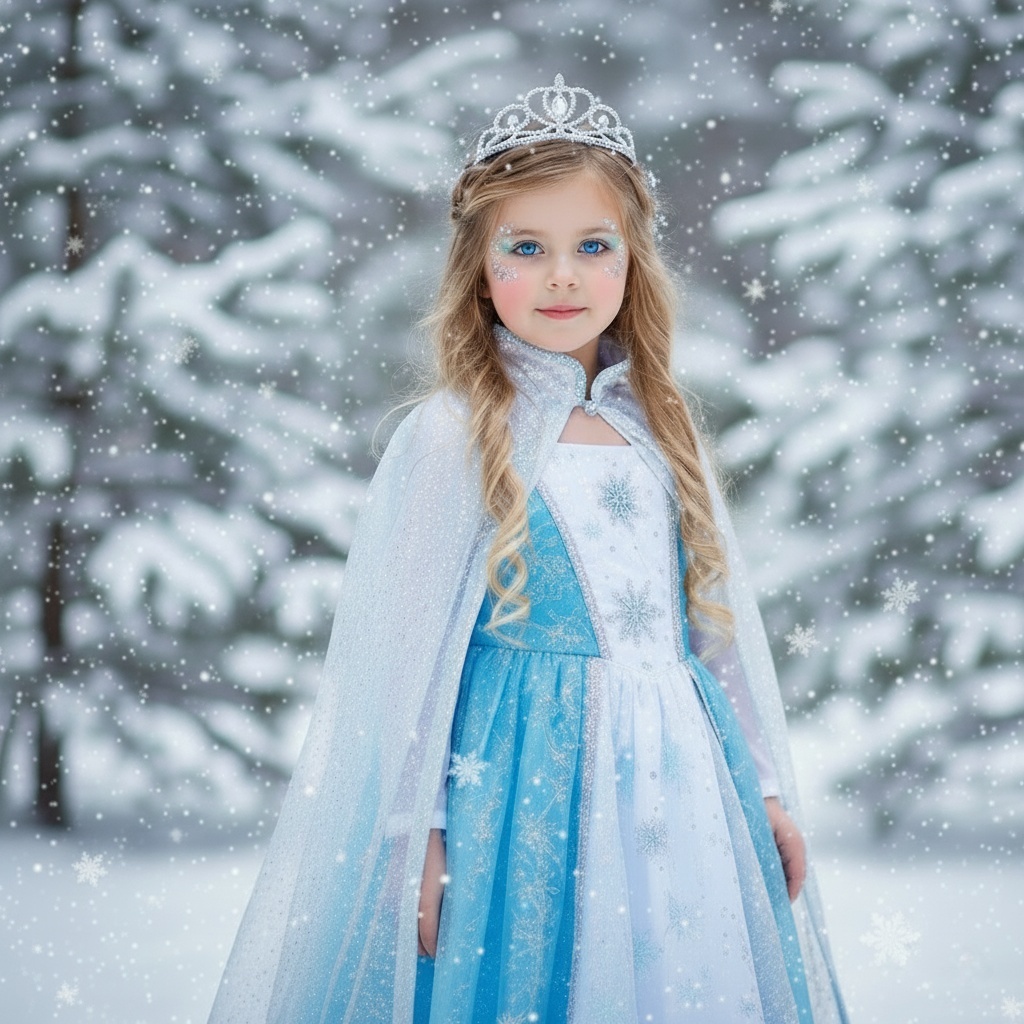 A young girl dressed as an ice queen stands in a snowy forest, with blue eyes and a gentle smile, surrounded by falling snowflakes.