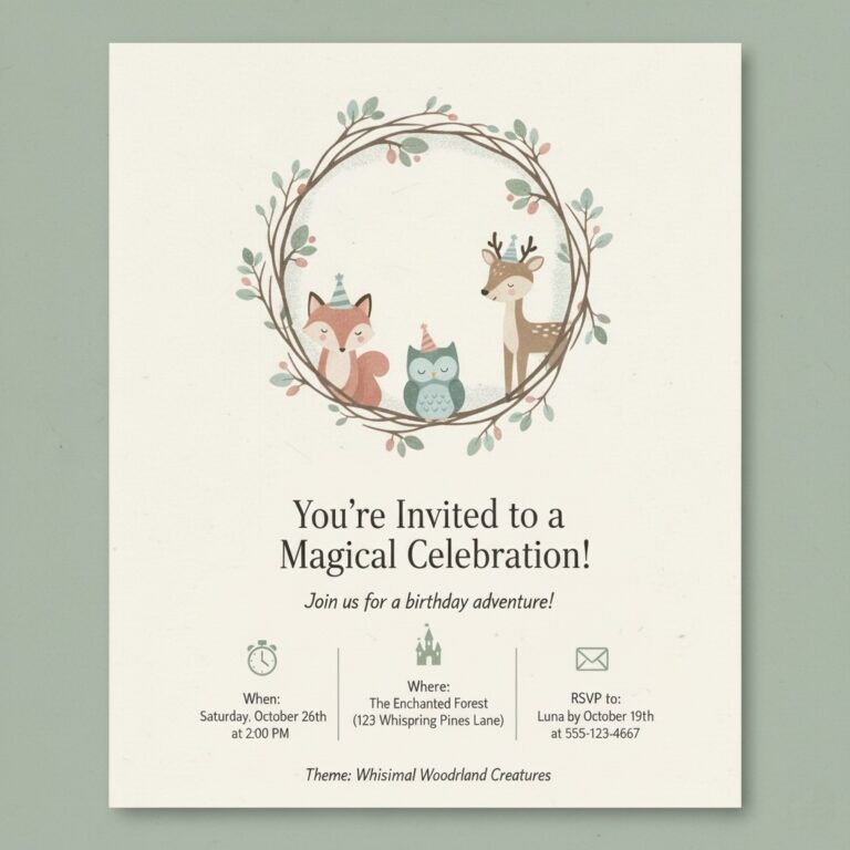 A whimsical birthday invitation with woodland creatures (a fox, an owl, and a deer) wearing party hats, framed by a wreath of leaves and berries. The text invites guests to a "Magical Celebration" with details for the date, time, location, and RSVP.
