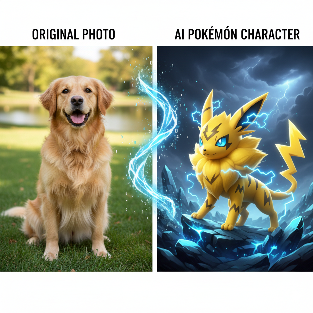 A split-screen comparison showing a real dog being transformed into an electric-type AI Pokemon using image-to-image technology.