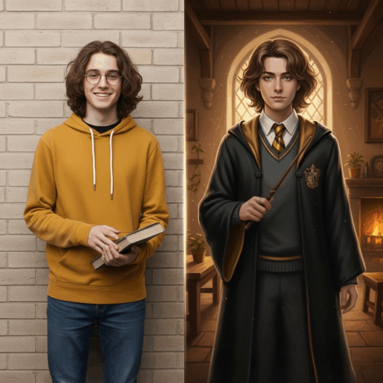 A split-screen comparison showing how to create personalized Harry Potter fan art by transforming a photo of a man in a yellow hoodie into a Hufflepuff wizard.