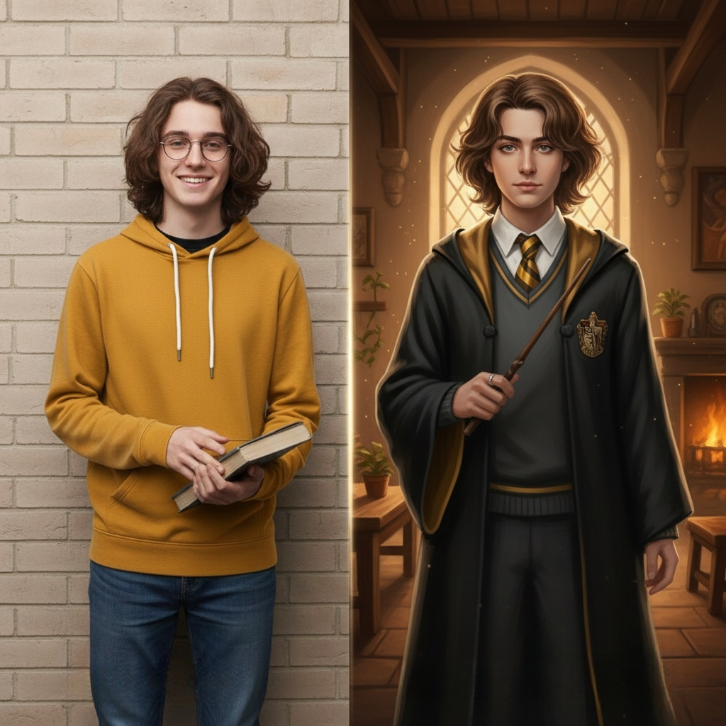 A split-screen comparison showing how to create personalized Harry Potter fan art by transforming a photo of a man in a yellow hoodie into a Hufflepuff wizard.