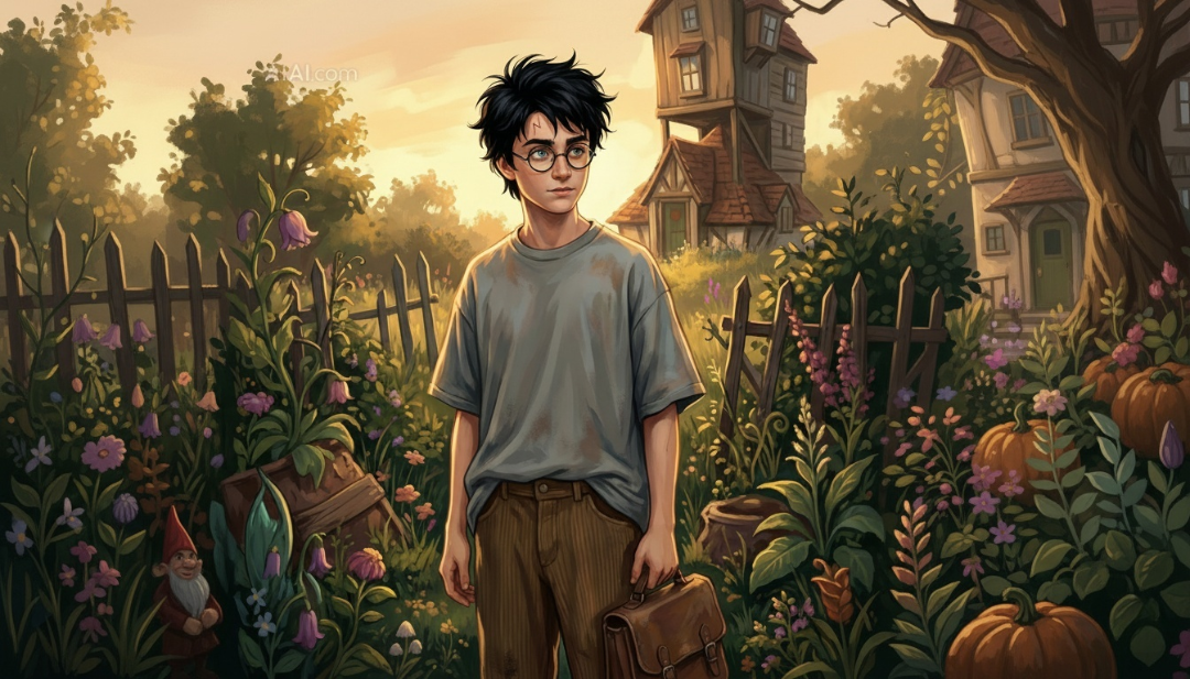 A cozy Harry Potter fan art illustration reimagining Harry at the Burrow in a Studio Ghibli anime style, featuring a magical garden and warm sunset lighting.