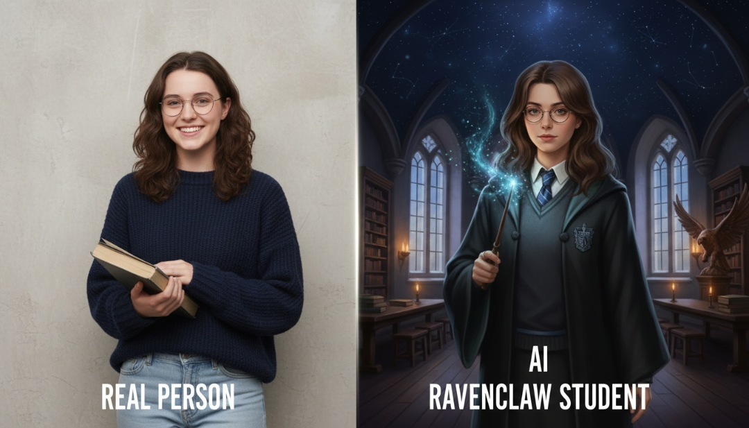 Before and after demonstration of turning a casual photo into digital Harry Potter fan art with a magic wand and Hogwarts robes.