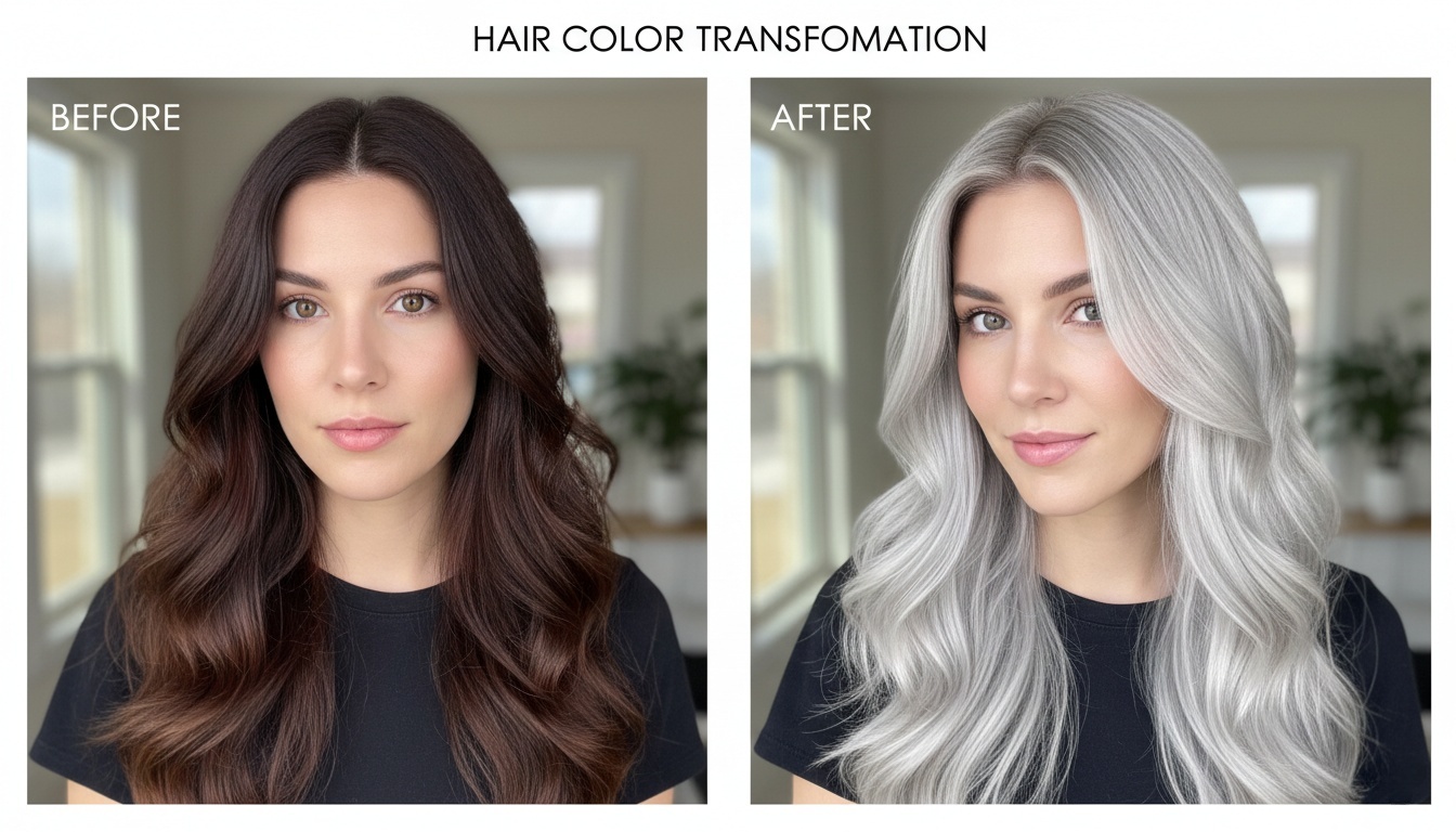 a split-screen comparison image of the hair color before and after.