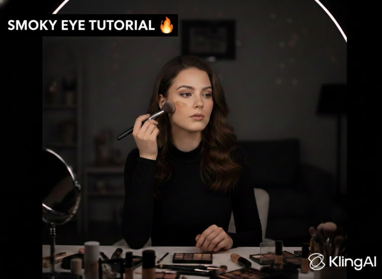 Woman doing smoky eye tutorial on dark background, KlingAI.