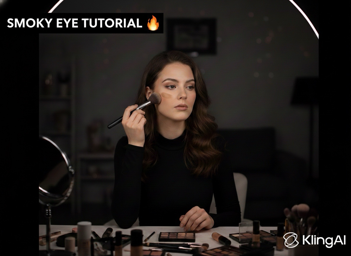 Woman doing smoky eye tutorial on dark background, KlingAI.