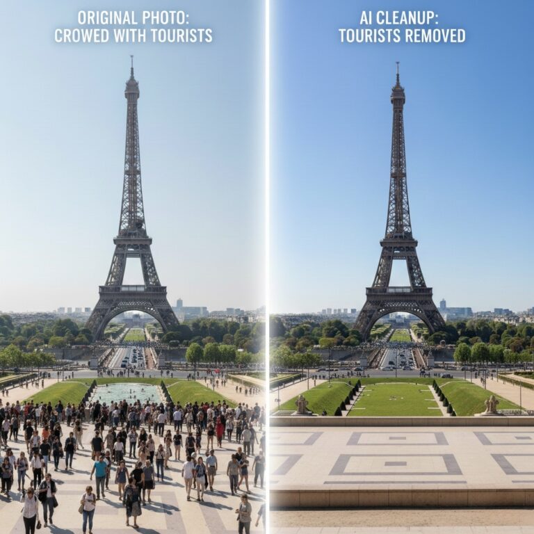 A split-screen comparison showing a travel photo of the Eiffel Tower. Left: Crowded with tourists. Right: Clean and empty after using the AI Object Remover.