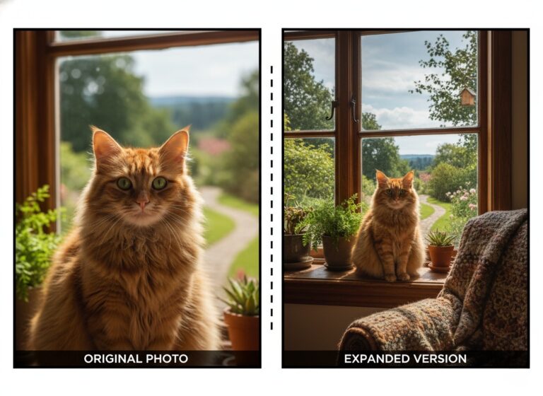 Before and after comparison of a pet image extended using AI Image Extender.