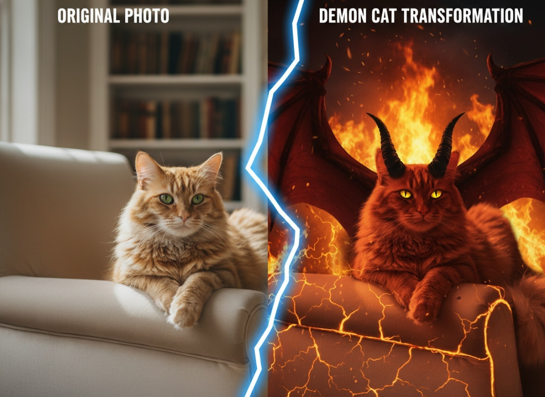 A split-screen comparison showing a real cat photo being transformed into a fiery demon creature using the AI Monster Generator.