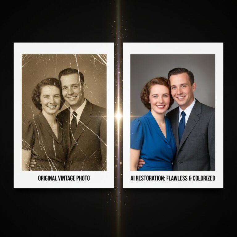 Side-by-side comparison showing a scratched, damaged vintage photo being repaired and sharpened using AI Photo Restoration.