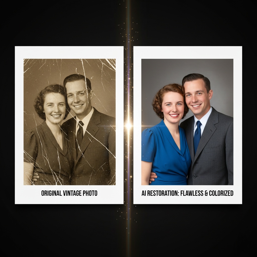 Side-by-side comparison showing a scratched, damaged vintage photo being repaired and sharpened using AI Photo Restoration.