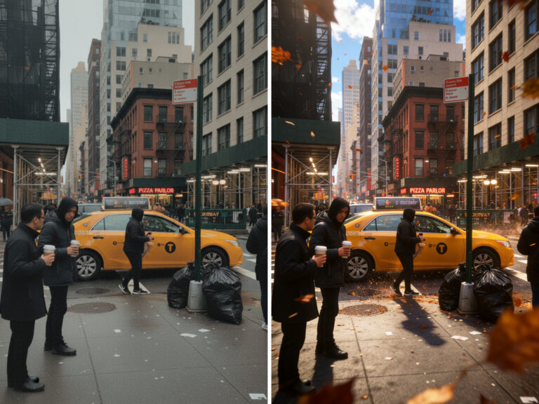 New York street: phone photo vs AI poster style comparison
