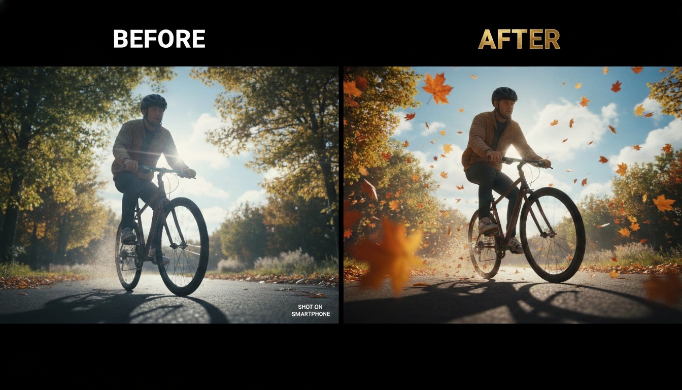 Comparison image of a person riding a bike: phone photo vs AI-generated poster style