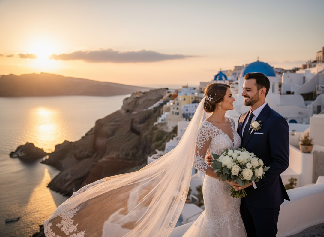 A stunning AI-generated wedding photo of a bride and groom in Santorini at sunset, created using the AI Wedding Photo Generator.