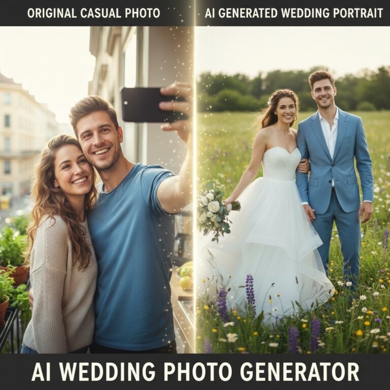 A split-screen comparison showing a casual couple selfie transformed into a professional AI generated wedding portrait using the AI Wedding Photo Generator.