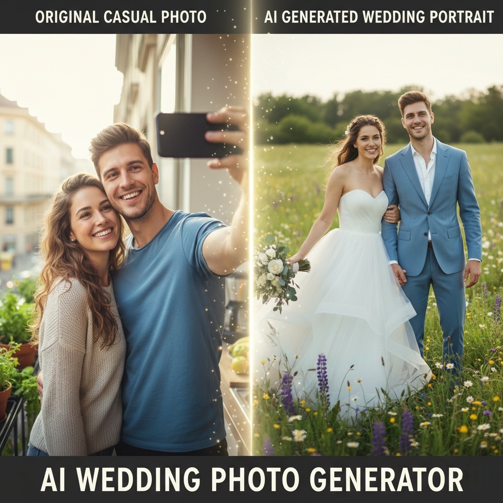 A split-screen comparison showing a casual couple selfie transformed into a professional AI generated wedding portrait using the AI Wedding Photo Generator.