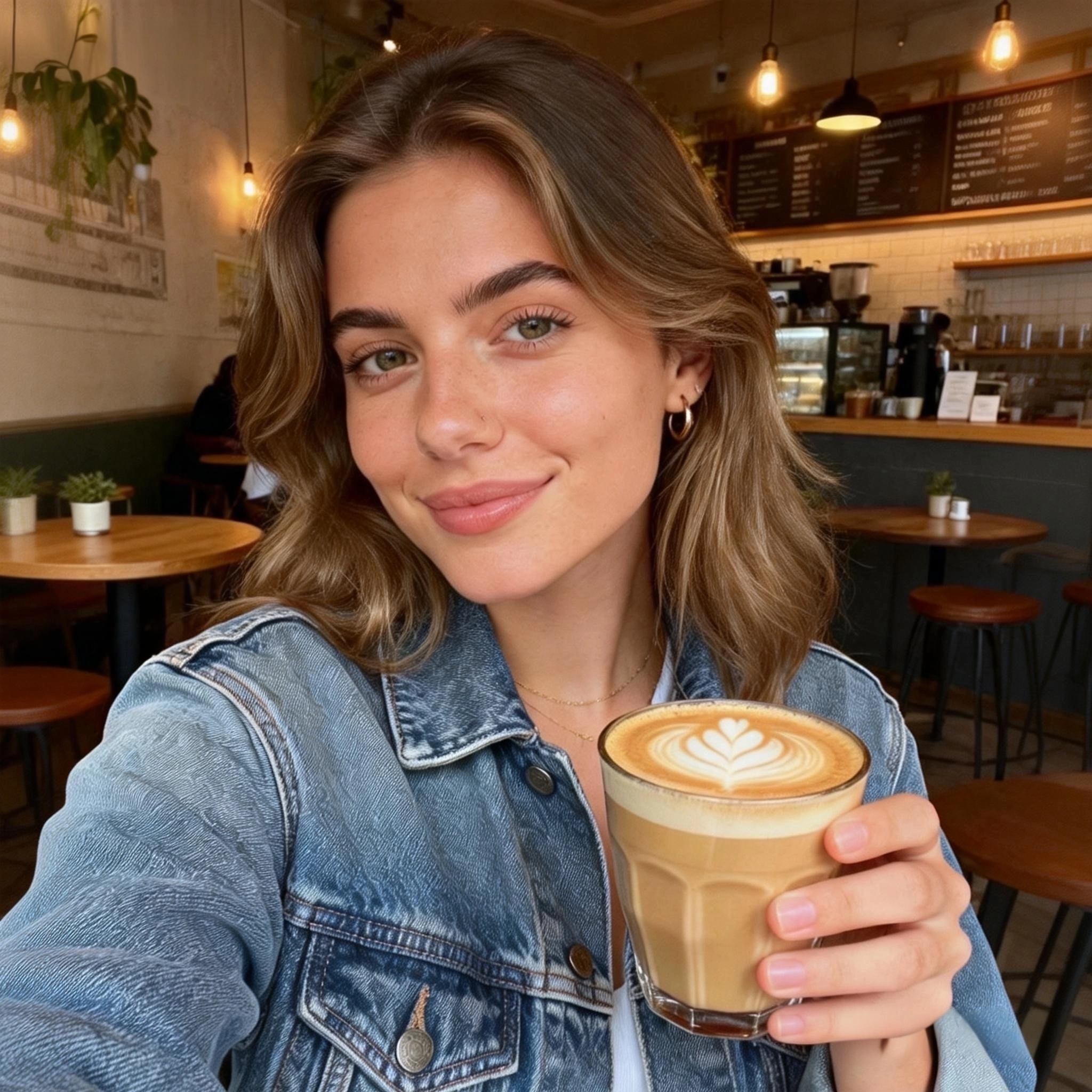 a woman wearing a denim jacket at a cafe,it's ready for an ai couple photo maker, a Long-Distance Valentine’s Gift