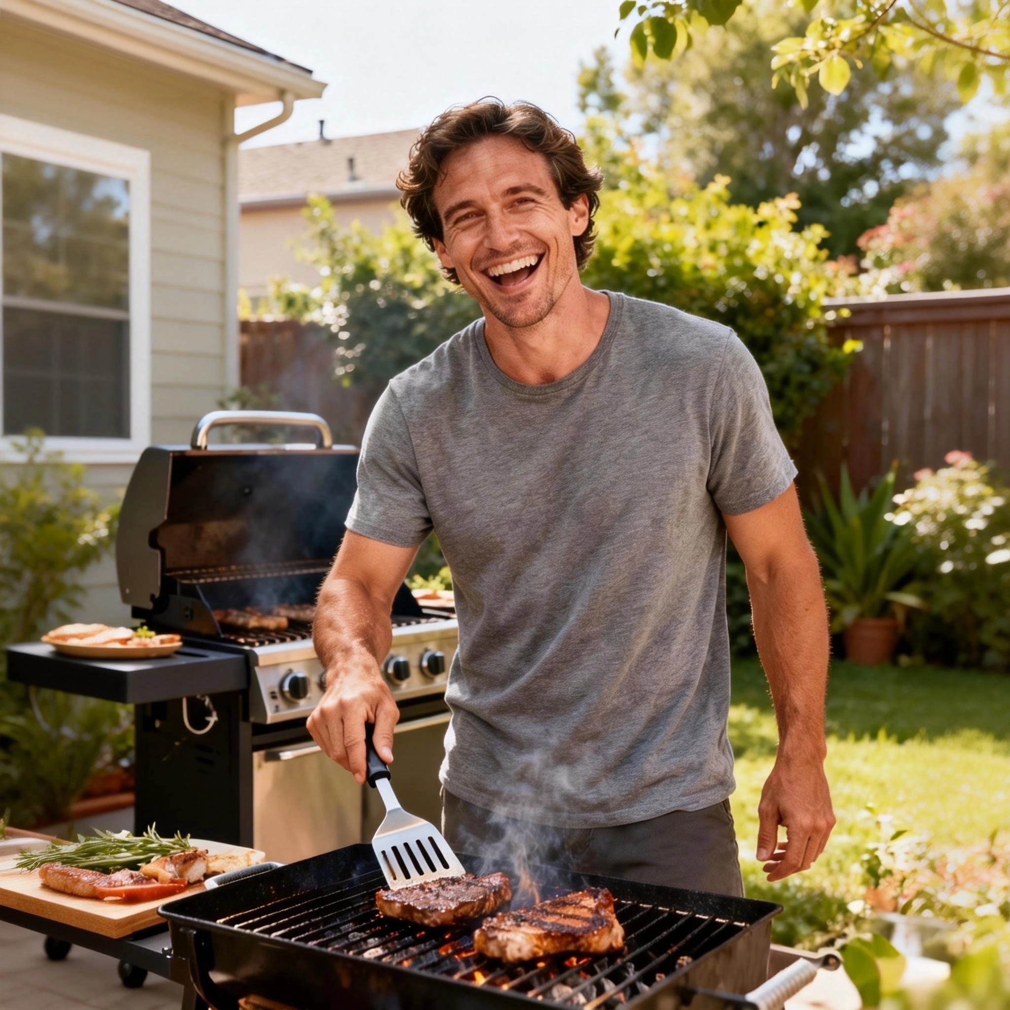 a man in a grey t-shirt grilling in his backyard,  an ai couple photo maker try to merge it with the other photo, it's a Long-Distance Valentine’s Gift
