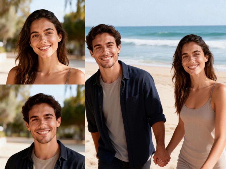 two photos of a man and a women are merged through an AI couple photo maker, they are holding hands and walking together on the beach, it's a great invention for LDR