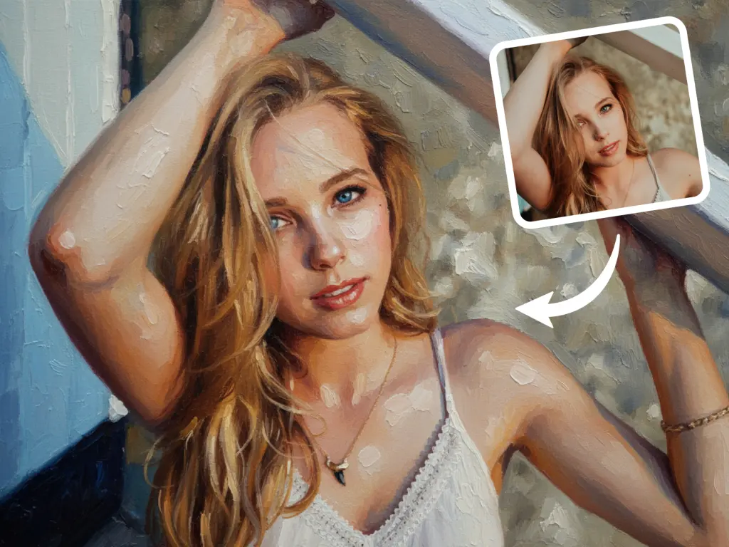A split-screen comparison showing a digital photo of a woman transformed into a realistic oil painting using AI style transfer.