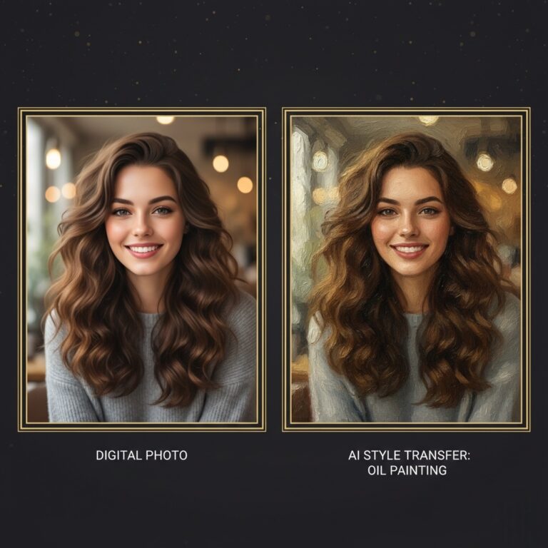 A split-screen comparison showing a digital photo of a woman transformed into a realistic oil painting using AI style transfer.
