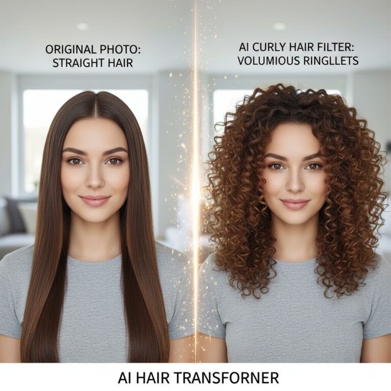 Split-screen comparison: A woman with straight hair transformed into voluminous ringlets using the AI Curly Hair Filter.