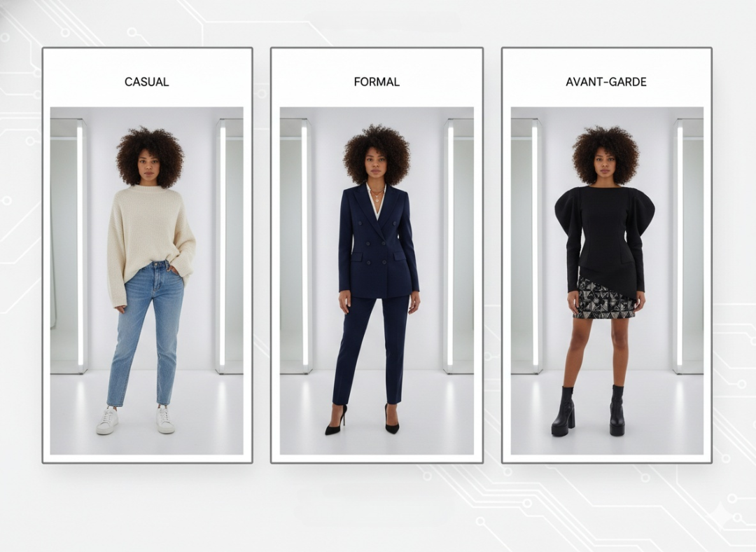 A collage of one person styled in three different aesthetics (Casual, Formal, Avant-Garde) .
