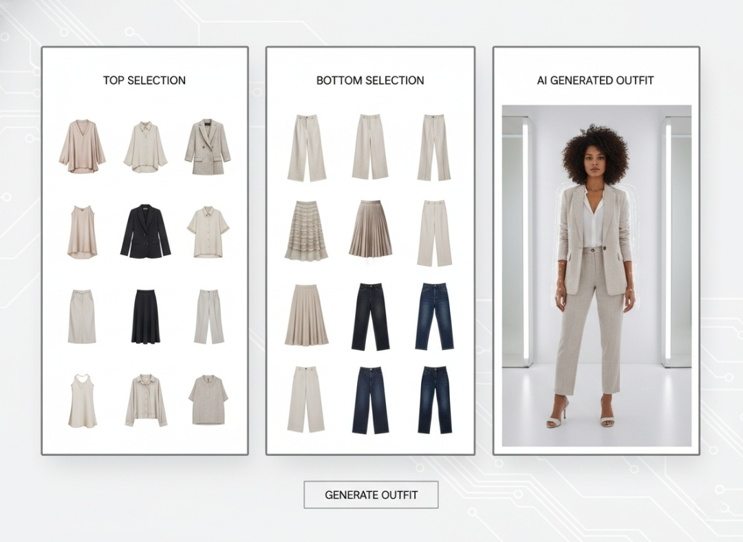 Visual representation of mixing and matching different tops and bottoms digitally to create outfits using AI fashion technology.
