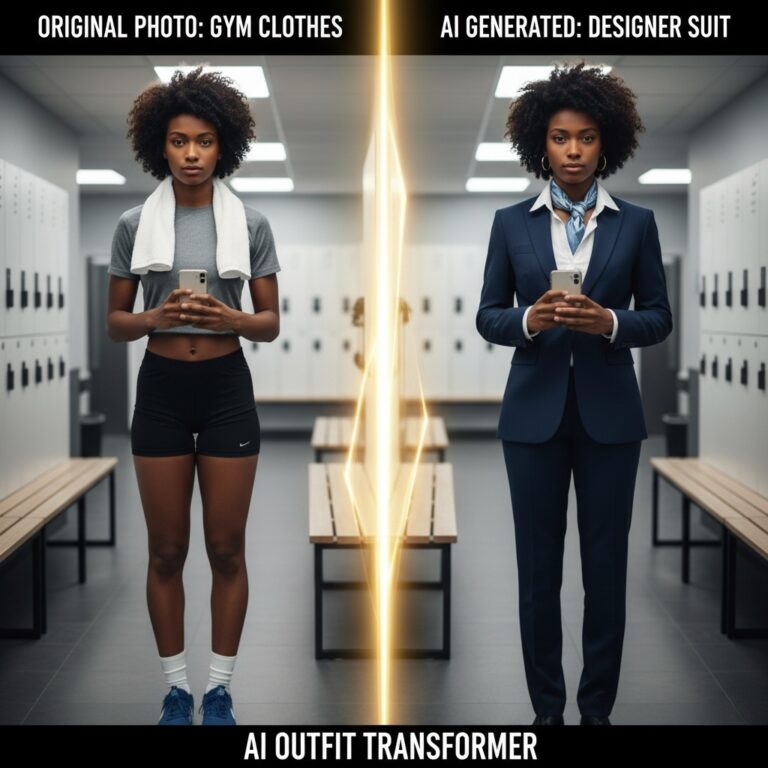 Side-by-side comparison showing a user in gym clothes vs. the same user wearing a generated designer suit using an AI outfit generator.