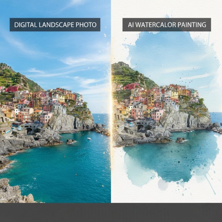 A split-screen comparison showing a digital landscape photo transformed into a soft, artistic watercolor painting using AI.