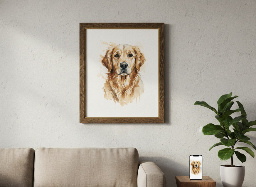 A framed photo to watercolor portrait of a dog hanging on a living room wall, generated from a photo using AIAI.com.