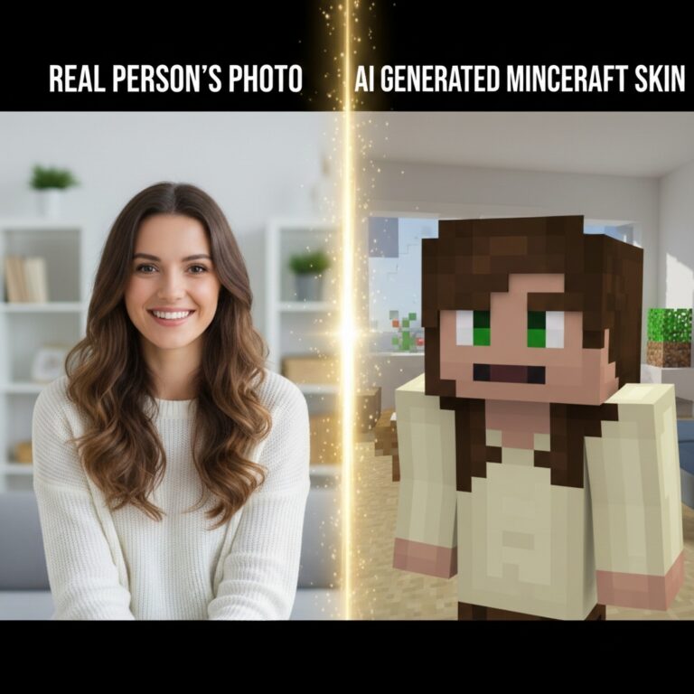 A split-screen image showing a real person's photo on the left and their generated by Minecraft AI Generator.