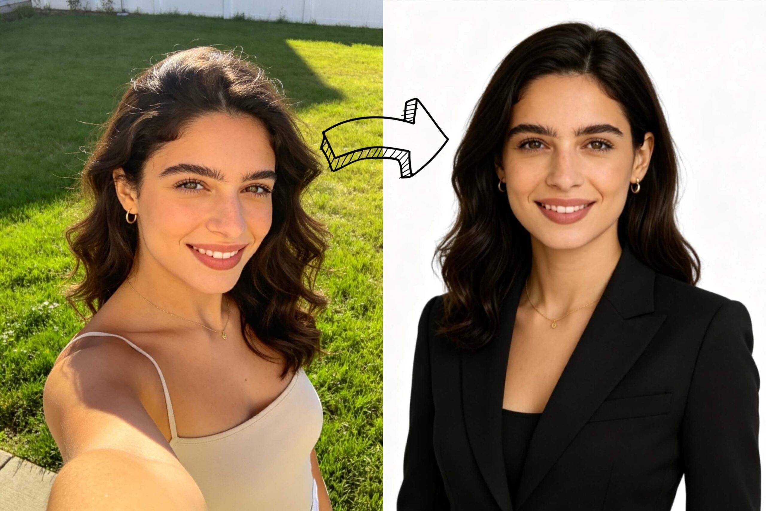 a woman's casual photo and her headshot, using an AI professional headshot generator to transform, for better career