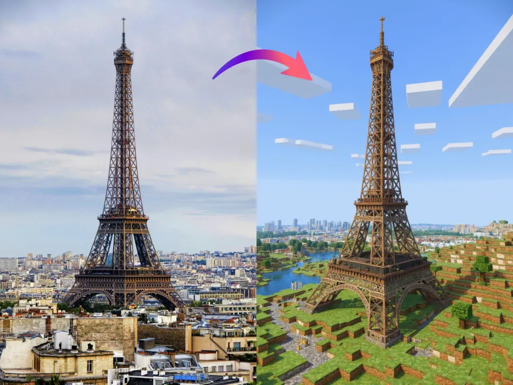 A side-by-side comparison showing a real photo of the Eiffel Tower being transformed into a Minecraft block build using the Minecraft AI Generator