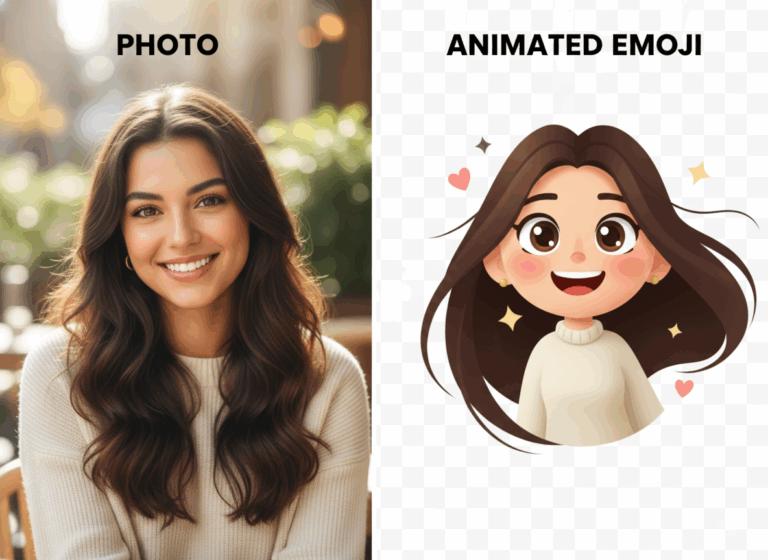 Before and after comparison of a person’s photo and their animated emoji created with AI Image to Animated Emoji