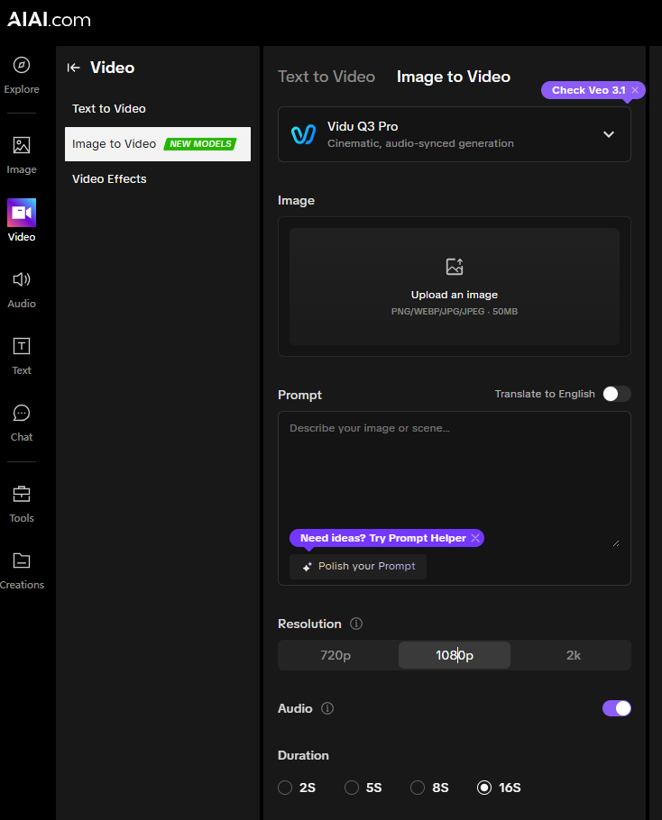 Select Vidu Q3 model on AIAI.com dashboard
