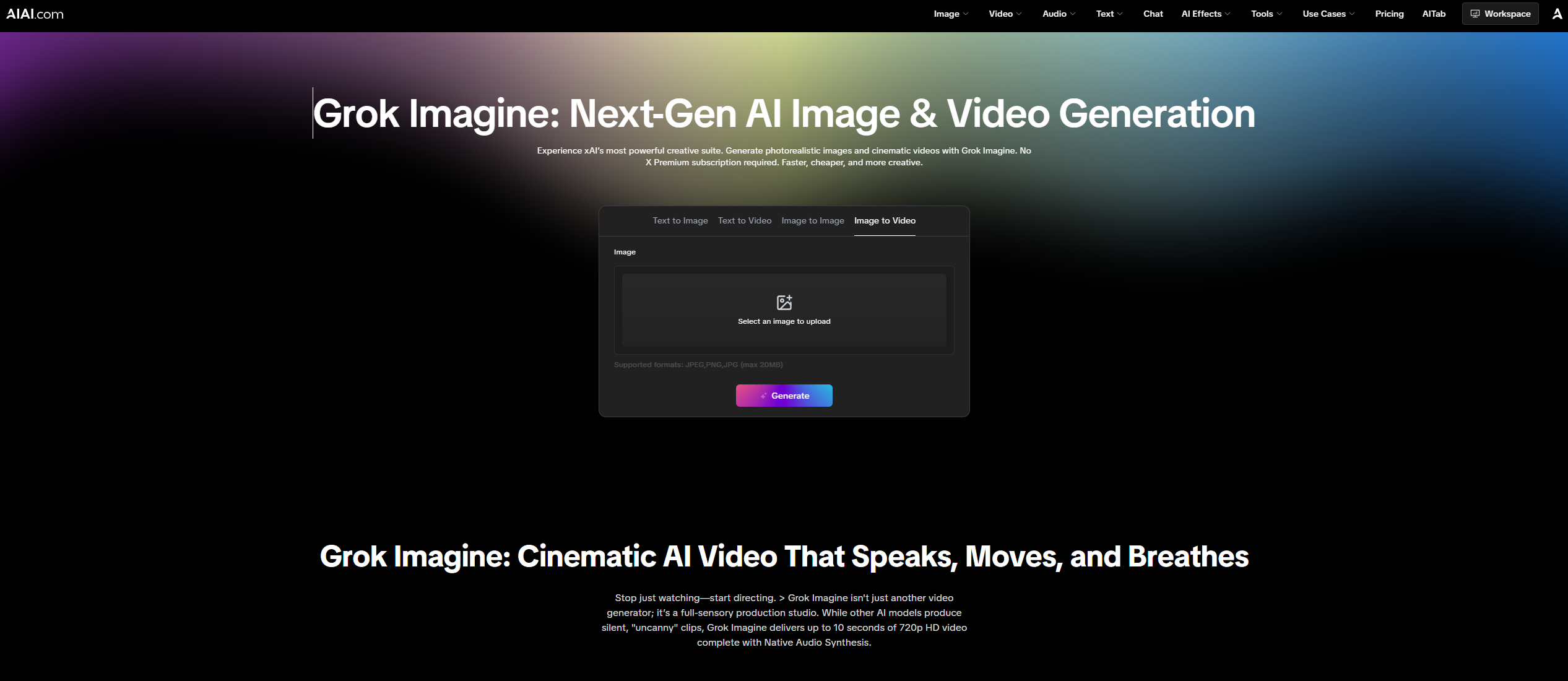 User interface on [AIAI.com] showing how to select the Grok Imagine model and video mode.