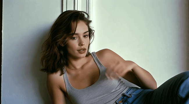 Cinematic AI video GIF generated by Grok Imagine, showing a realistic French woman in a gray vest and jeans flipping her hair with an elegant smile.