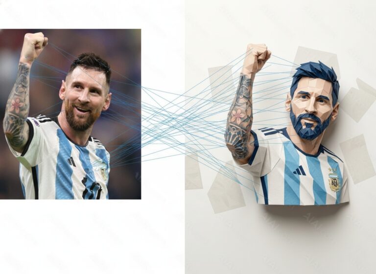 A side-by-side comparison showing a real photo of Lionel Messi in an Argentina jersey being mapped by blue connecting lines into a 3D low-poly papercraft-style digital sculpture.