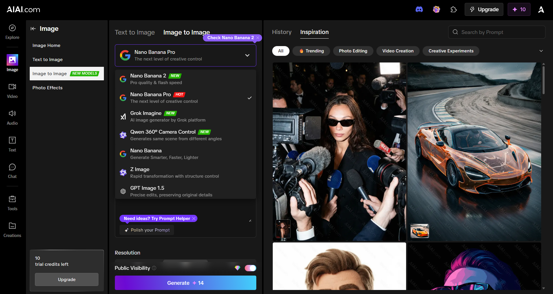 A screenshot of the AIAI.com interface showing an Image-to-Image Generator.
