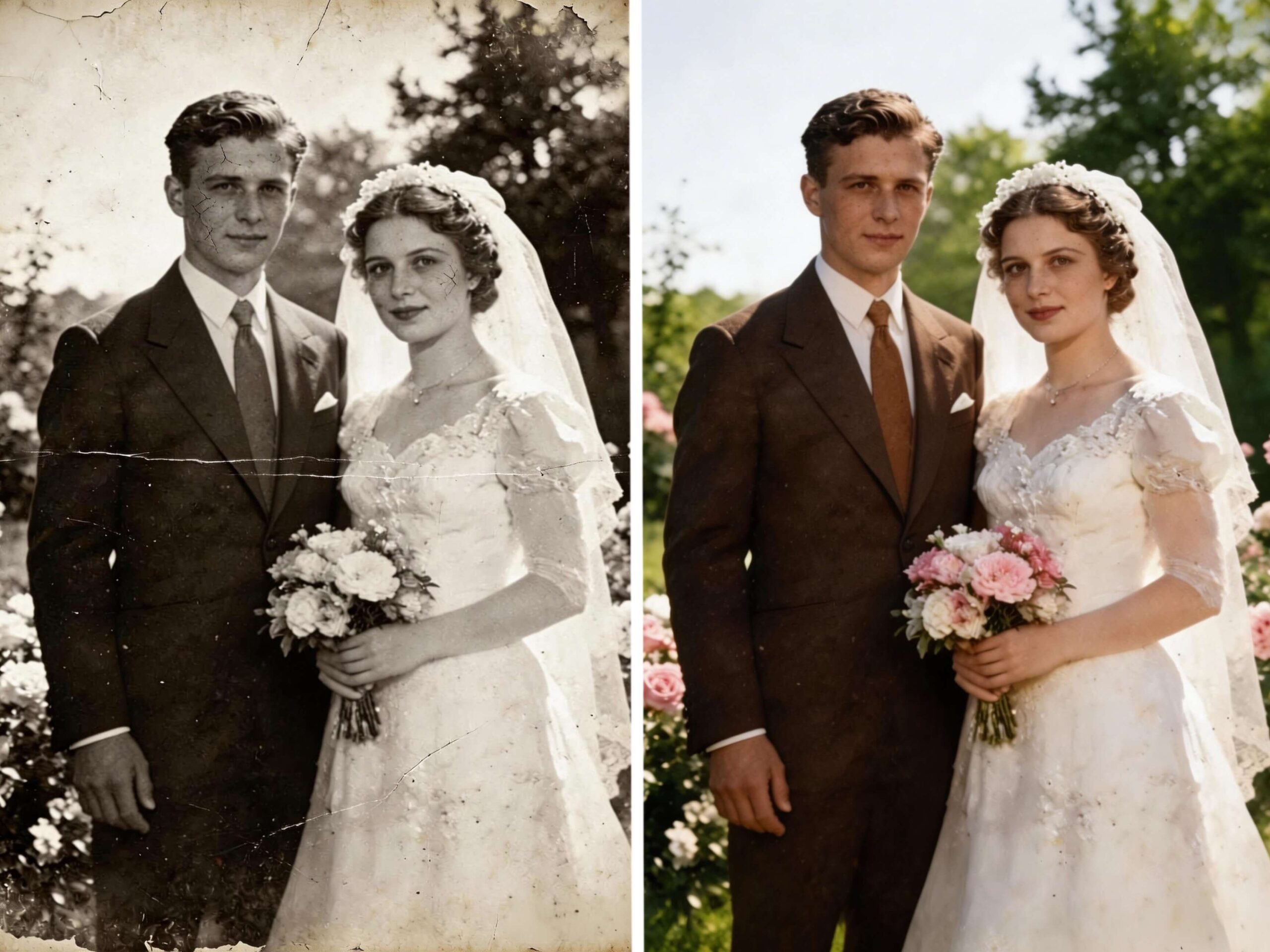 Cover image showing the before and after result of using AI photo restoration to restore an old photo.