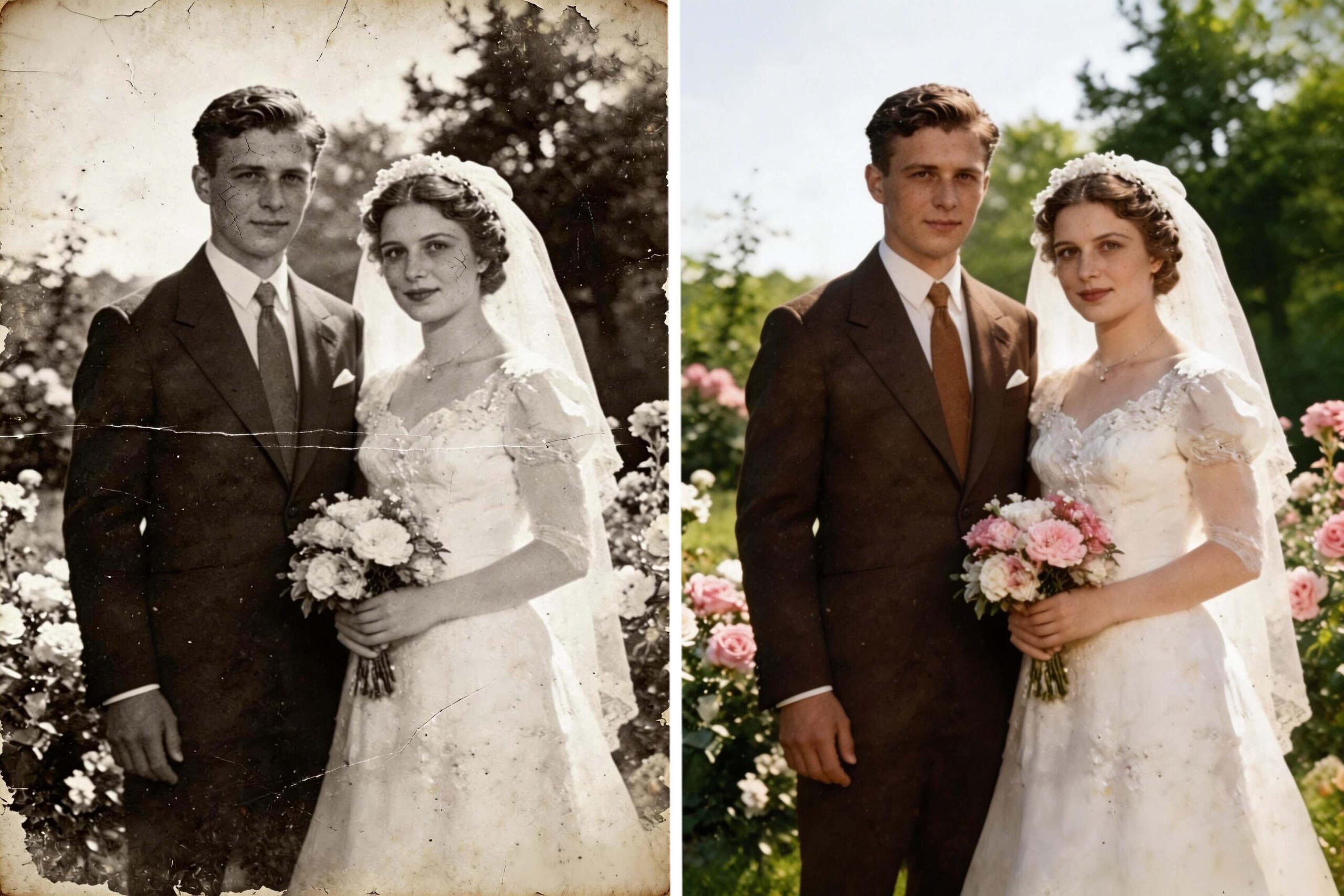 Using AI photo restoration to restore my grandparents' wedding photo. The once-faded details of their faces were revived, and the blurry background now has clear shapes and colors.