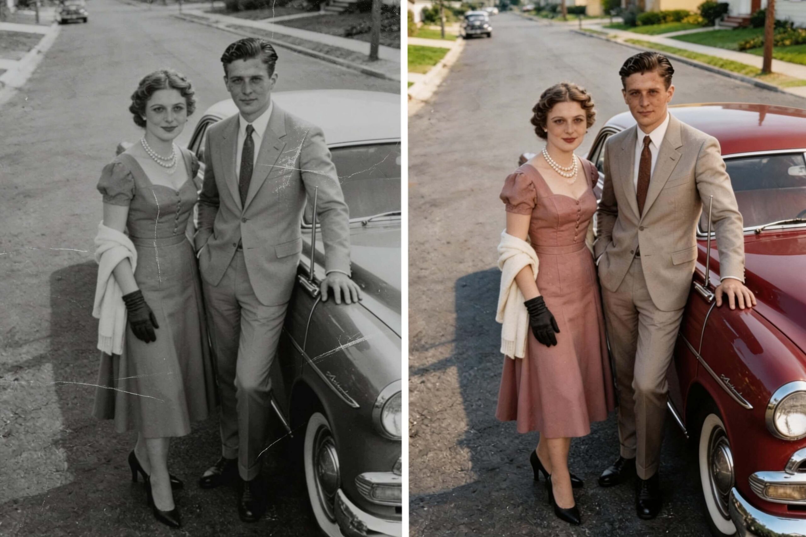 Using AI photo restoration to restore my grandparents' old photo made it much clearer, bringing out the details of their faces, improving the contrast, and removing the white scratches.
